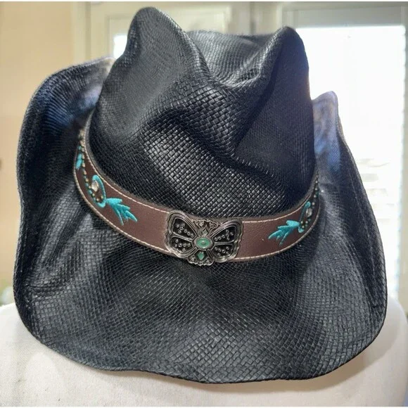Peter Grimm Black Straw Cowboy Hat Embroidered Rose Band Western Festival O/S - Picture 2 of 12